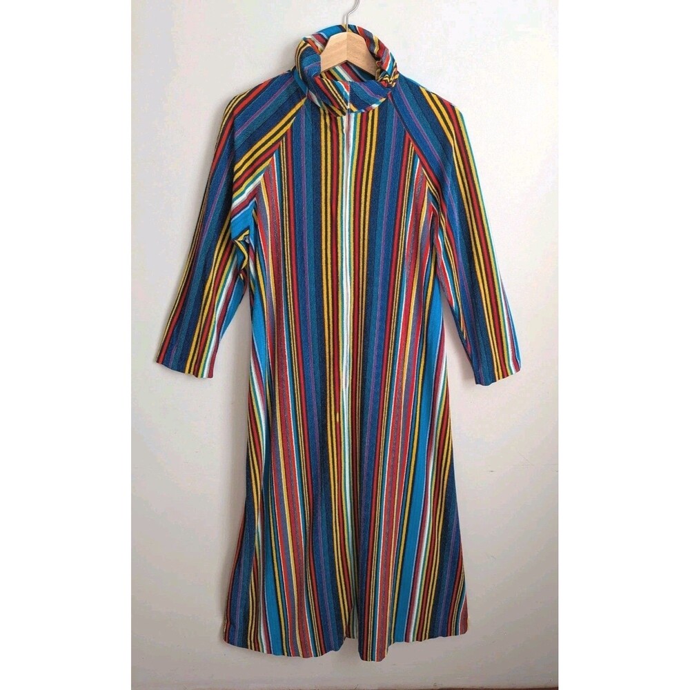 Vintage 70s Rainbow Stripe Terrycloth Lounge Robe Zip Caftan S Mod Groovy Retro